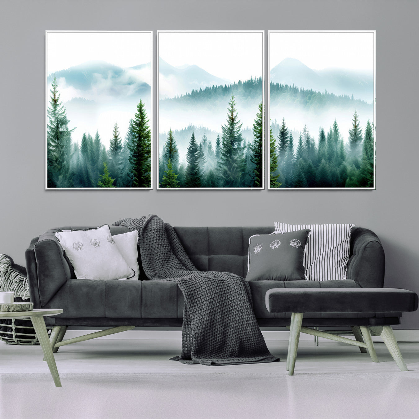 16716676-MGV-FC-60X30-3P-Pine Forest Wall Art Canvas Print, Framed Misty Mountains Art Picture Print, Foggy Trees Perfect
