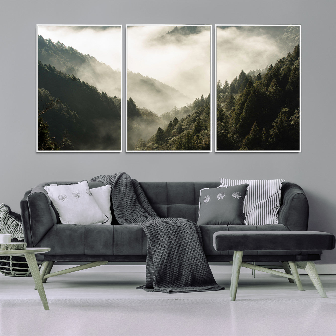57570237-MGV-FC-60X30-3P-Misty Valley Canvas Print, Framed Foggy Forest Art Picture Print, Pine Trees Perfect Moody Woodland