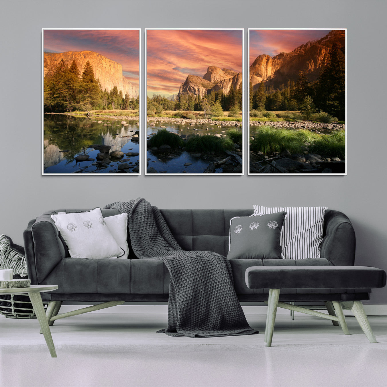 31199457-MGV-FC-60X30-3P-Yosemite Valley Canvas Wall Art, Framed El Capitan Art Picture Print, Sunset Sky Perfect Vibrant