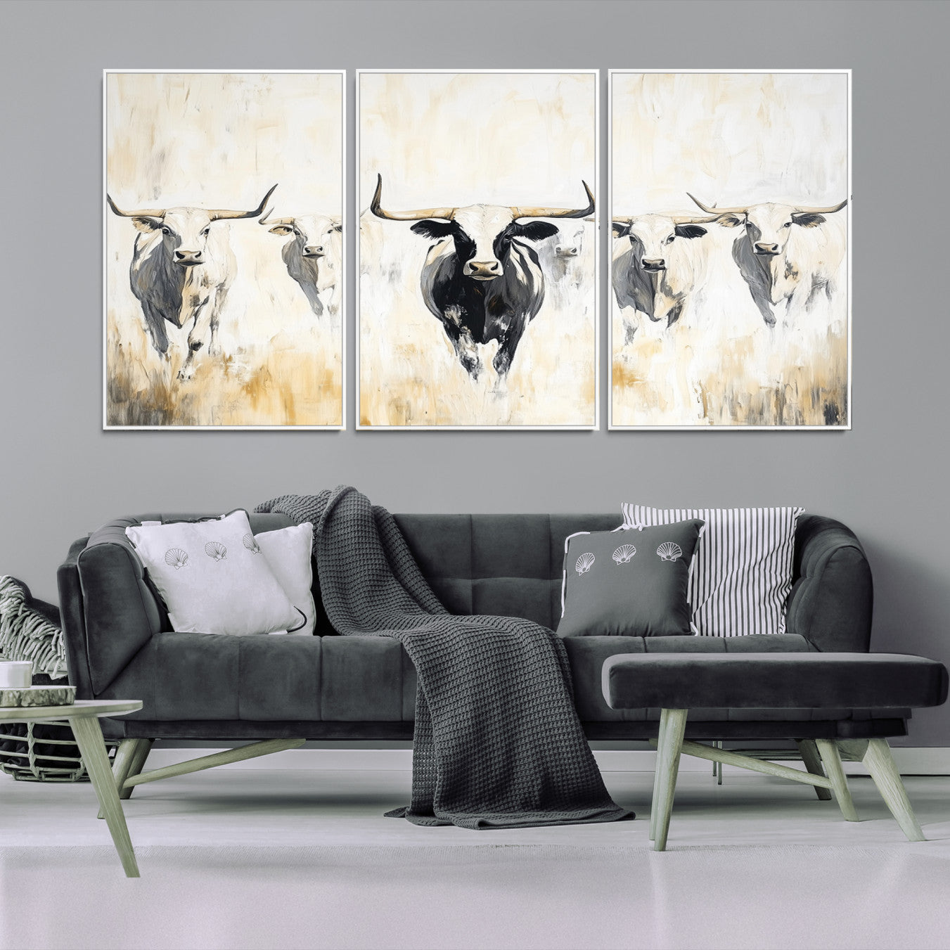 40397799-MGV-FC-60X30-3P-Texas Longhorn Canvas Print, Framed Rustic Herd Art Picture Print, Western Bull Perfect Neutral