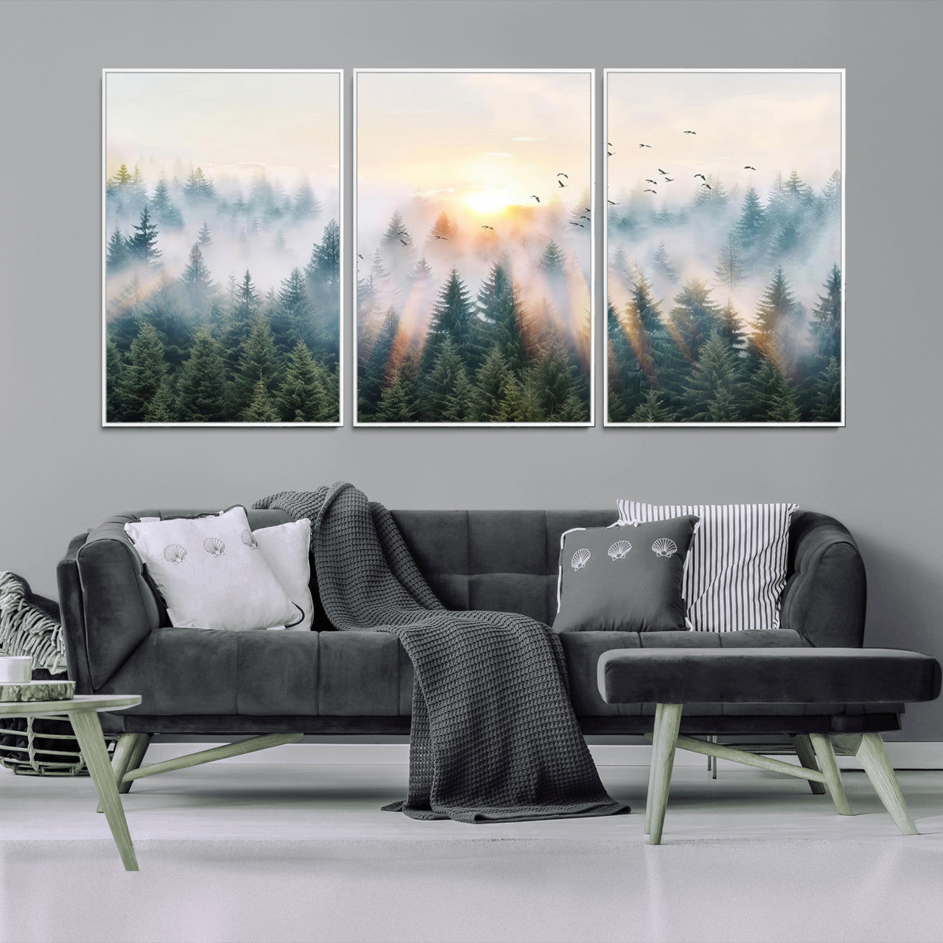 92718976-MGV-CV-36X24-Misty Pine Forest Wall Art Canvas, Sunrise Over Foggy Trees Canvas for Home - Office, Framed