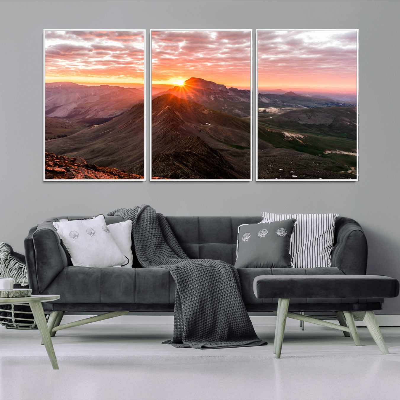 50957419-MGV-FC-60X30-3P-Mountain Sunrise Wall Art Canvas Print, Framed Alpine Ridge Art Picture Print, Mountain Range