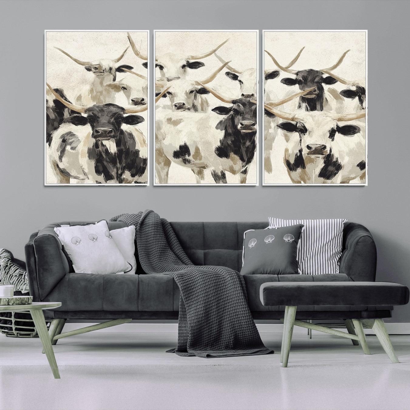 28732868-MGV-FC-60X30-3P_White-Longhorn Texas Cow Drawing Abstract Wall Art Canvas Print for Farmhouse Decor, Texas Bull Printing