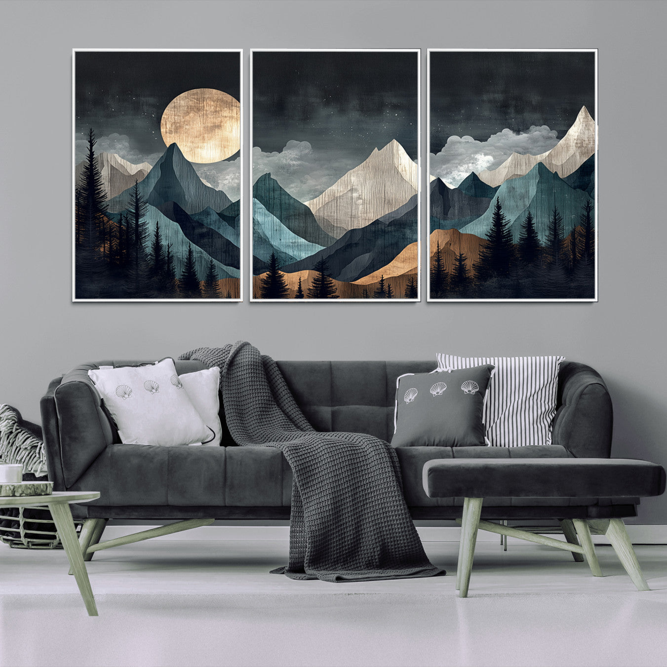 11060882-MGV-CV-36X24-Moonlit Mountain Wall Art Canvas Print – Silhouetted Pines Layered Peaks Tranquil Sky Mist Silver Light Nature Artwork for Home