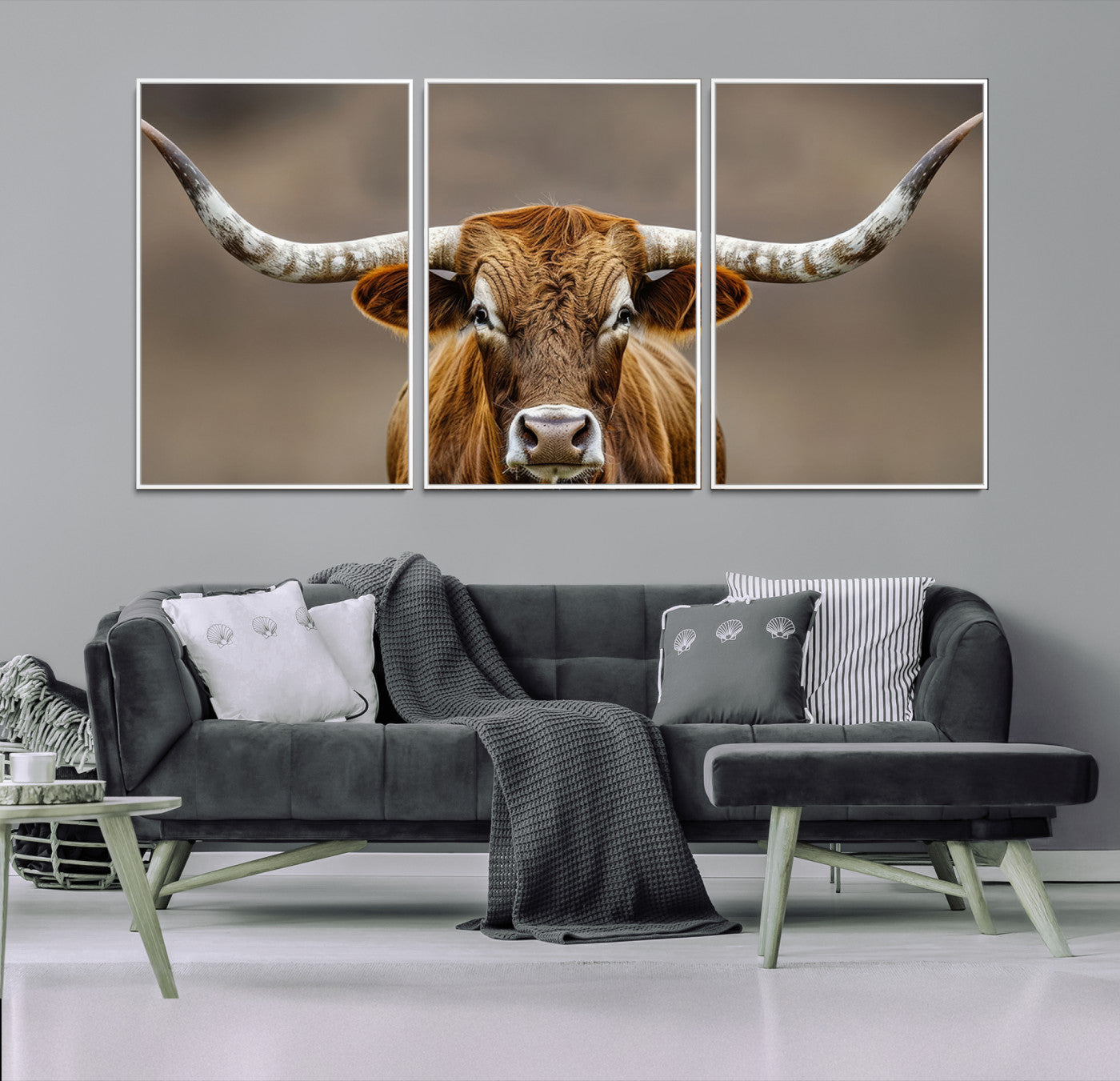 12179171-MGV-FC-60X30-3P-Texas Longhorn Wall Art Canvas Print – Brown Bull Rustic Ranch Western Cattle Nature Artwork for Home Office
