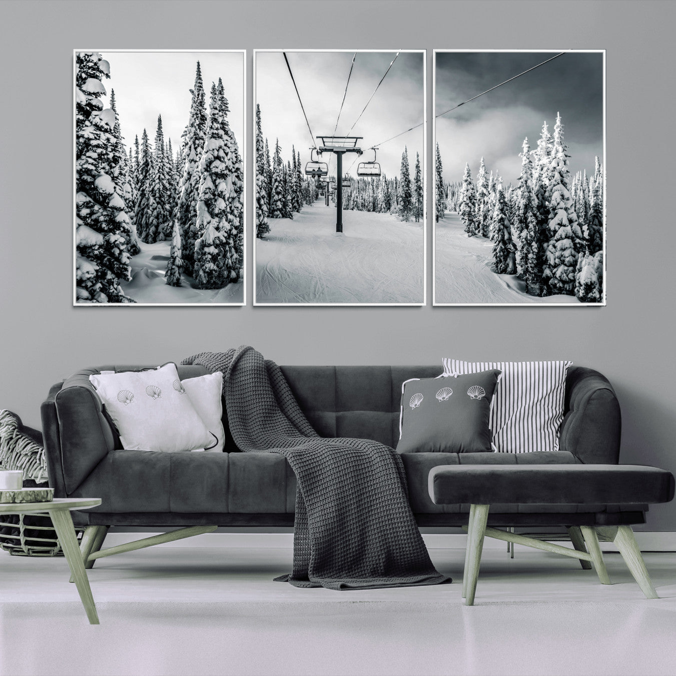 31156828-MGV-CV-36X24-Snowy Pines Wall Art Canvas Print – Framed Ski Lift Winter Forest Snowy Landscape Moody Lodge Artwork for Home, Office