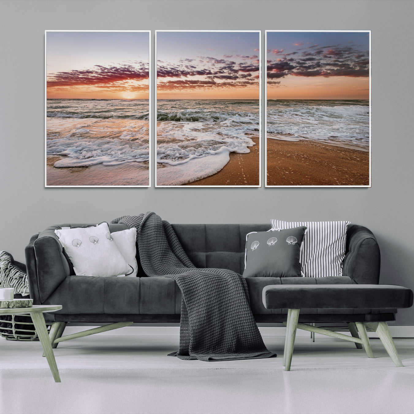 39846389-MGV-FC-60X30-3P_White-Ocean Sunset Wall Art Canvas Print – Framed Sandy Shore Gentle Waves Coastal Landscape Minimalist Artwork for Home, Office