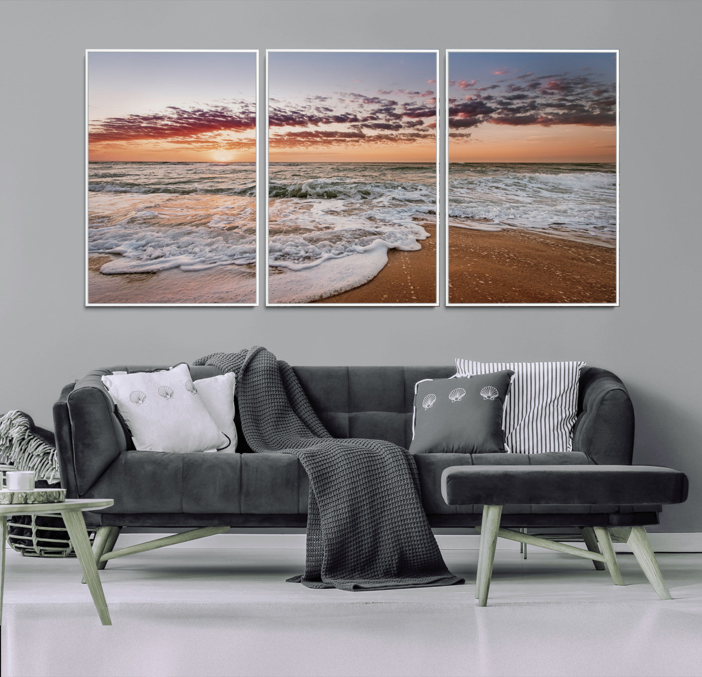 39846389-MGV-FC-60X30-3P_White-Ocean Sunset Wall Art Canvas Print – Framed Sandy Shore Gentle Waves Coastal Landscape Minimalist Artwork for Home, Office