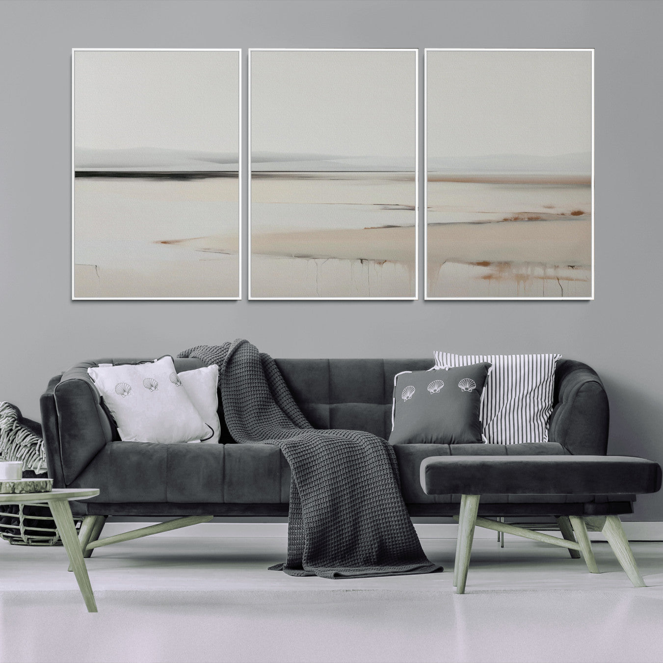 89410095-MGV-CV-36X24-Minimalist Landscape Wall Art Canvas Print – Framed Soft Horizon Abstract Seascape Earthy Tones Artwork for Home Office