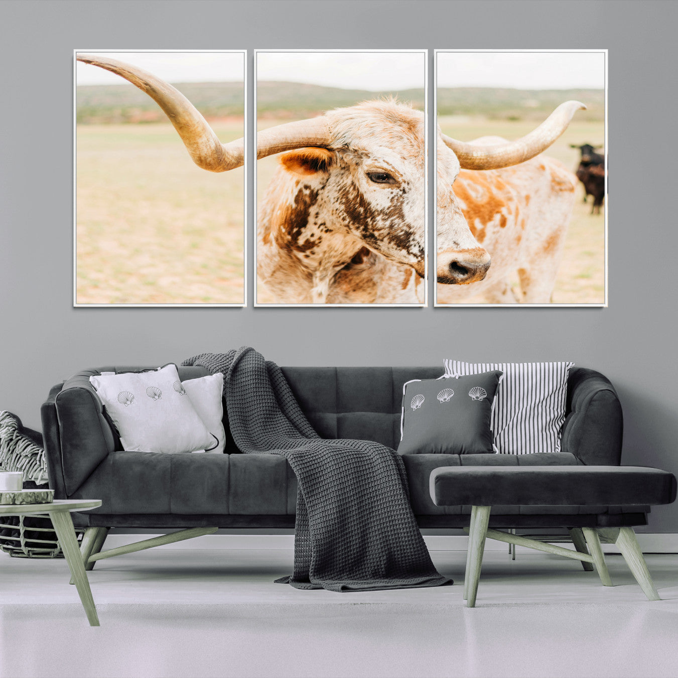 -Texas Longhorn Wall Art Canvas Print, Framed Spotted Cow Art Picture Print, Horned Cattle Perfect Rustic Western Decor Artwork