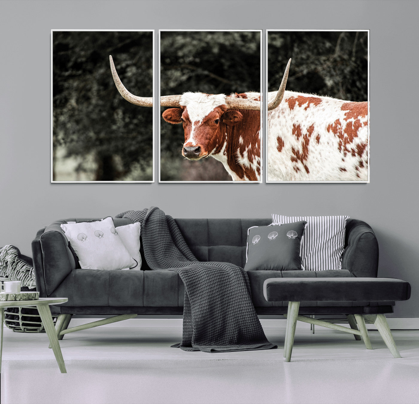 -Texas Longhorn Wall Art Canvas Print, Framed Spotted Cow Art Picture Print, Horned Bull Perfect Rustic Western Decor Artwork