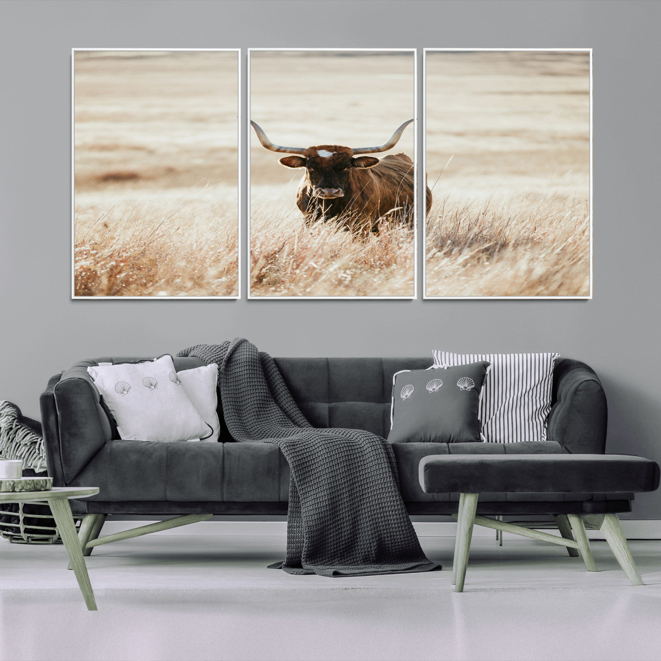 -Texas Longhorn Wall Art Canvas Print, Framed Brown Cattle Art Picture Print, Horned Bull Perfect Rustic Western Decor Artwork