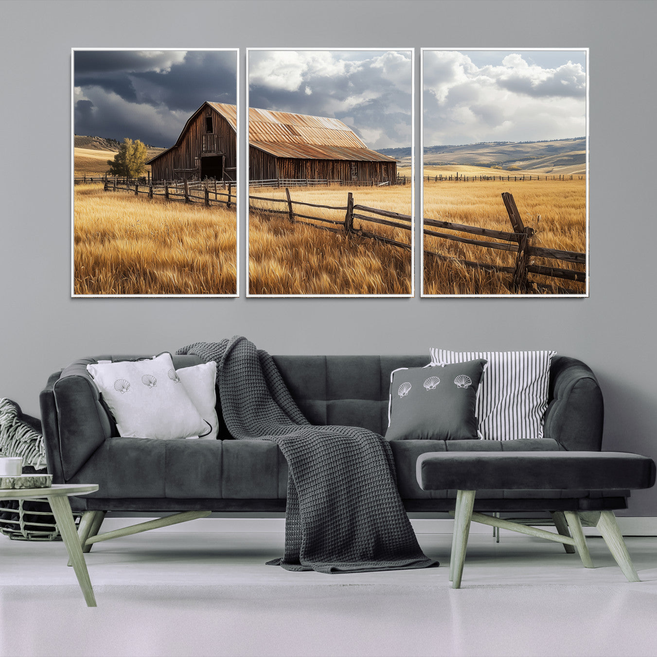 38758826-MGV-FC-60X30-3P-Rustic Barn Wall Art Canvas Print – Framed Moody Barn Golden Field Countryside Farmhouse Landscape Artwork for Home Office