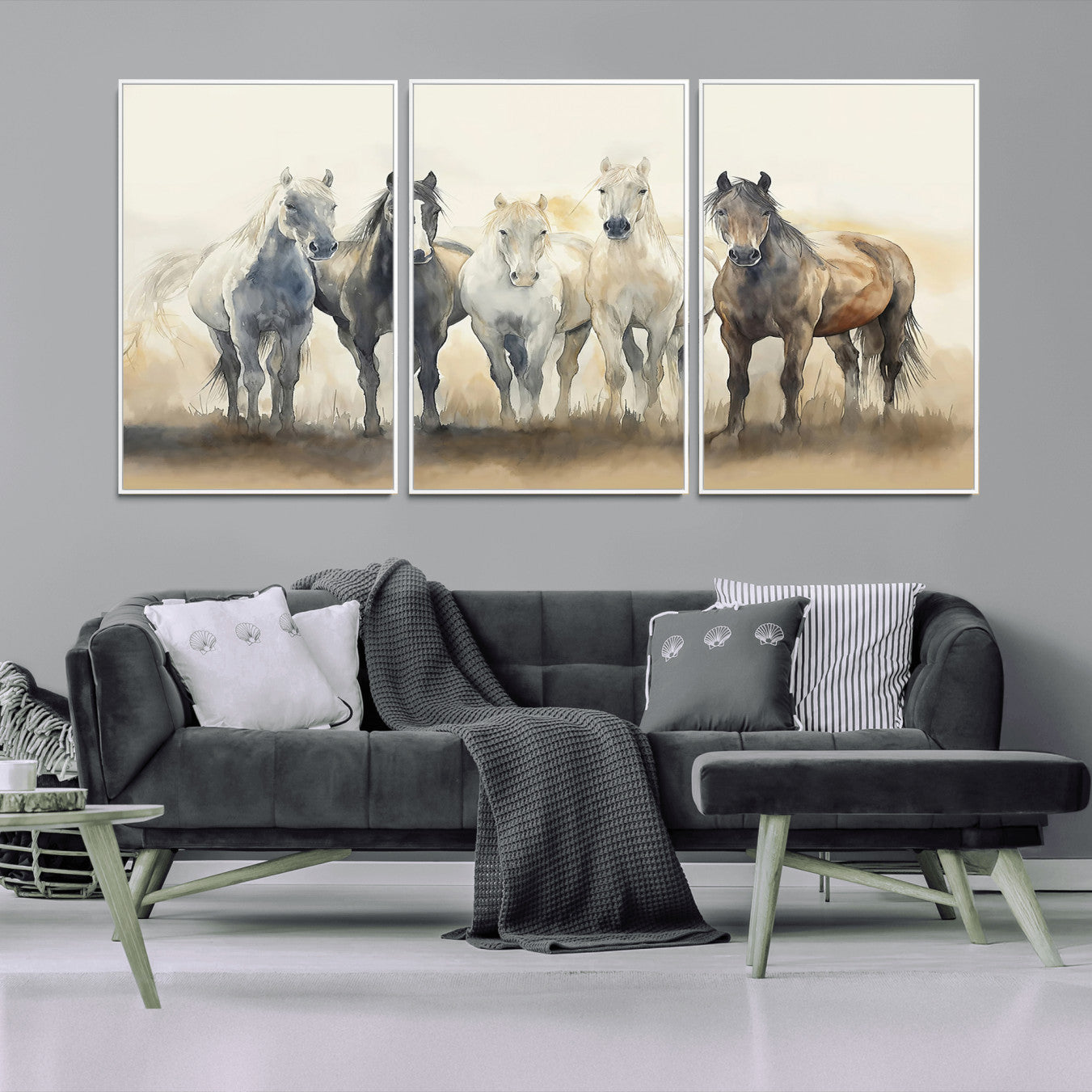 MGV-FC-60X30-3P - Wild Horses Wall Art Canvas Print, Framed Running Horses Art Picture Print, Watercolor Horses Perfect Rustic Western Decor Artwork