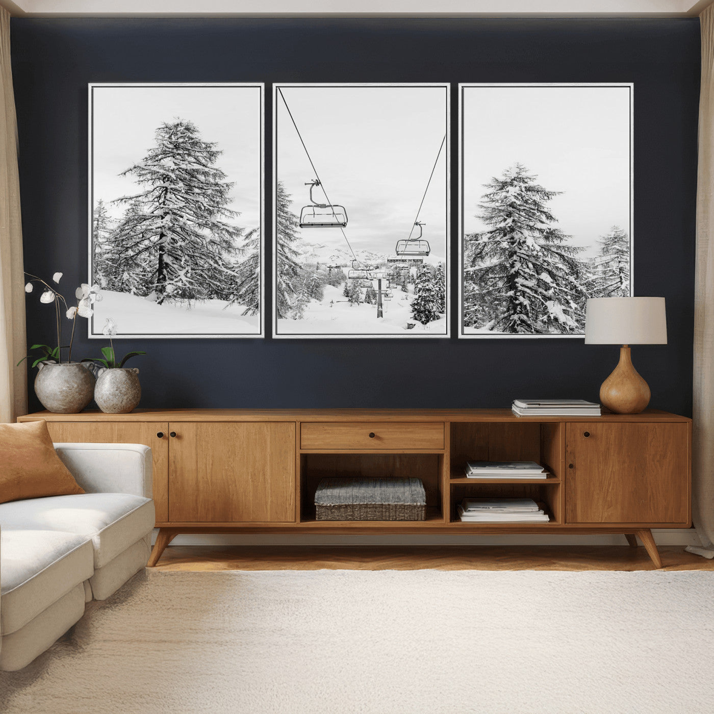 55003599-MGV-CV-36X24 - Snowy Ski Lift Wall Art – Framed Winter Forest Canvas Artwork, Peaceful Mountain Design, Modern Nature Decor for Home, Office