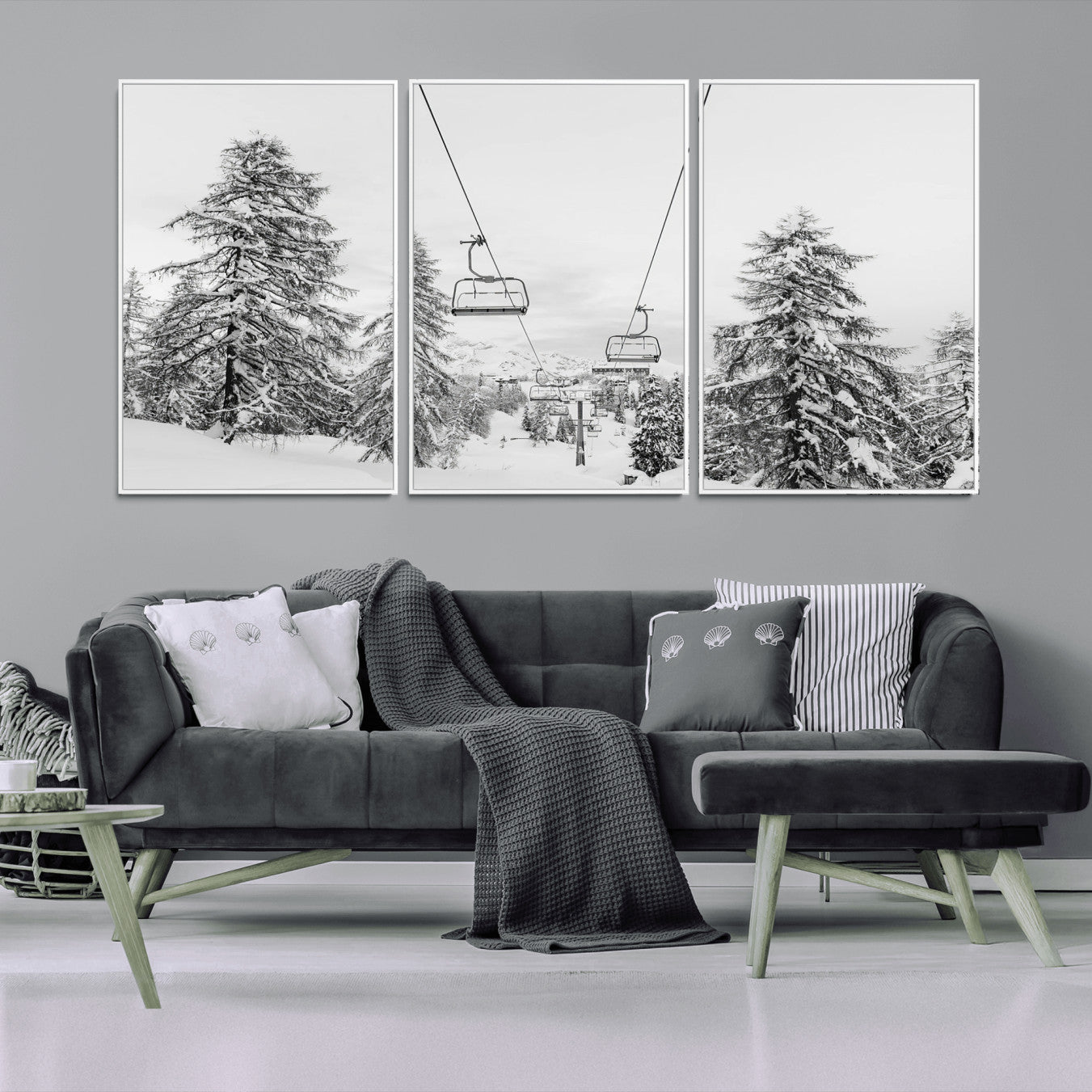 MGV-FC-60X30-3P - Wall Art Canvas Print Winter Chairlift Views Silent Snow-Covered Pines Mountain Calm Serenity Frozen