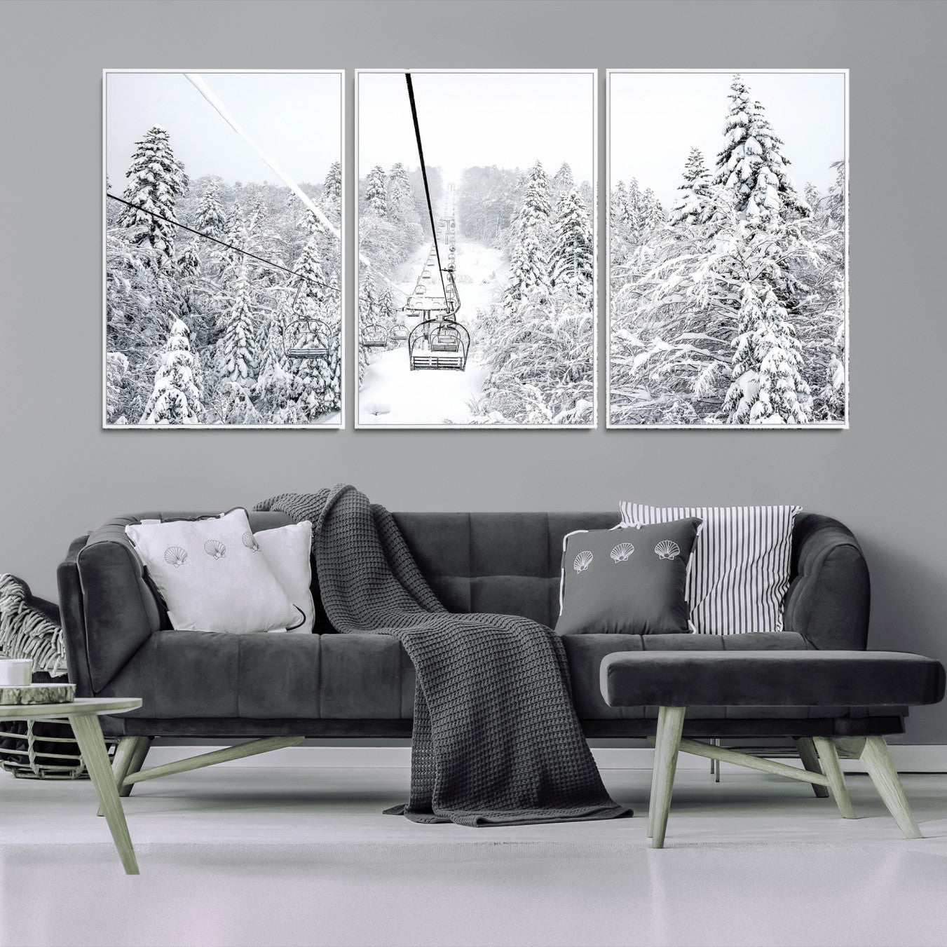 MGV-FC-60X30-3P - Snowy Forest Escape Wall Art – Canvas Print of Majestic Snow Covered Pines & Silent Chairlift, Serene Winter Wonderland Decor for Living Room, Office or Bedroom