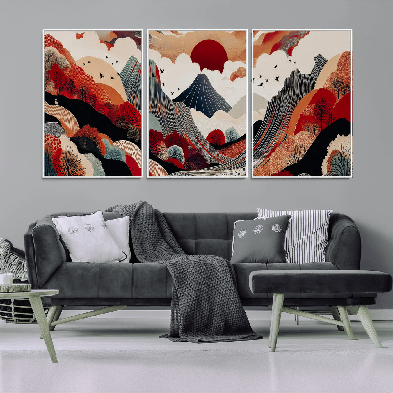 -Abstract Mountain Wall Art Canvas Print, Framed Vibrant Landscape Art Picture Print, Stylized Nature Drawing Perfect Contemporary Minimalist Decor Artwork