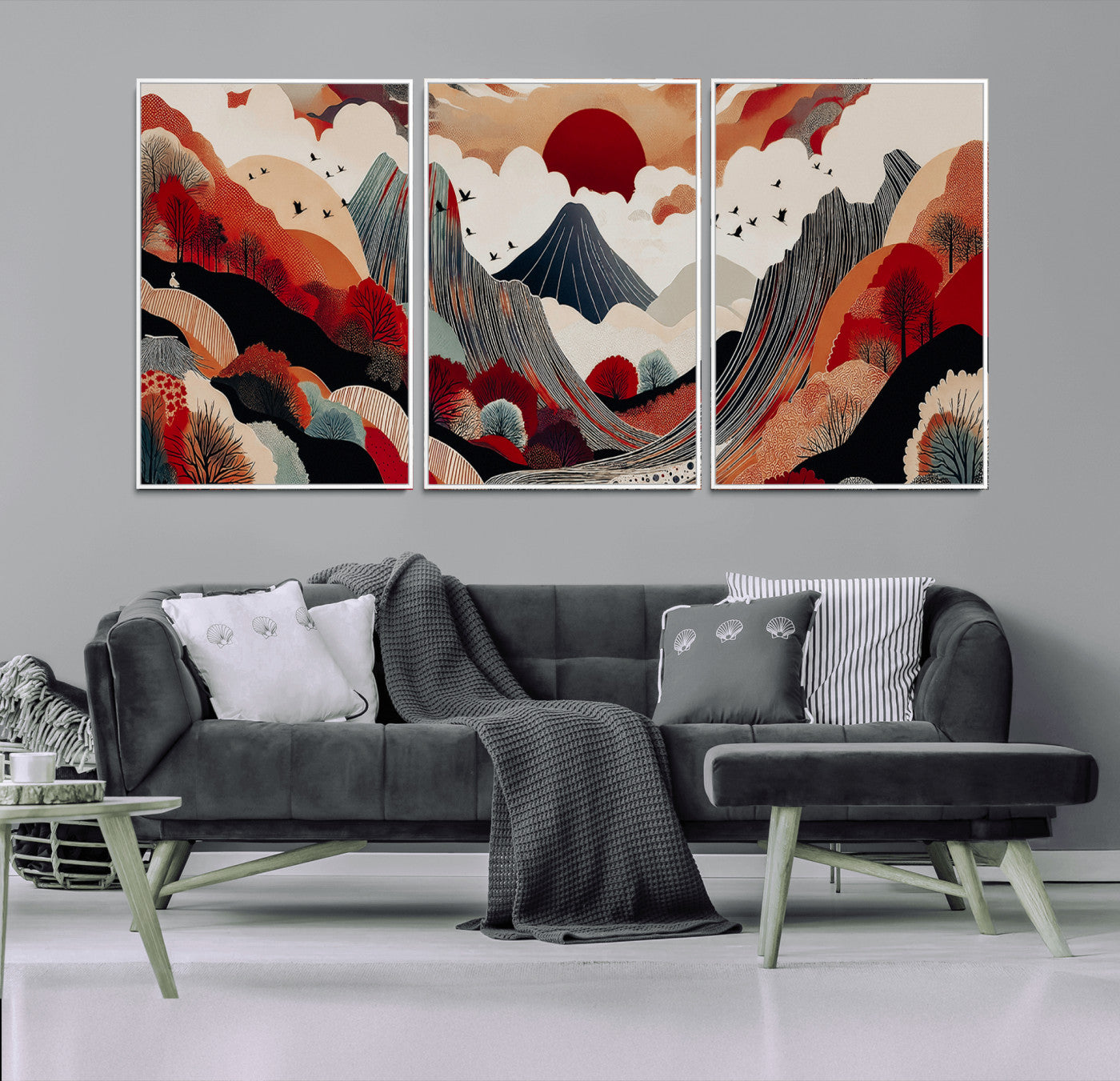 -Abstract Mountain Wall Art Canvas Print, Framed Vibrant Landscape Art Picture Print, Stylized Nature Drawing Perfect Contemporary Minimalist Decor Artwork