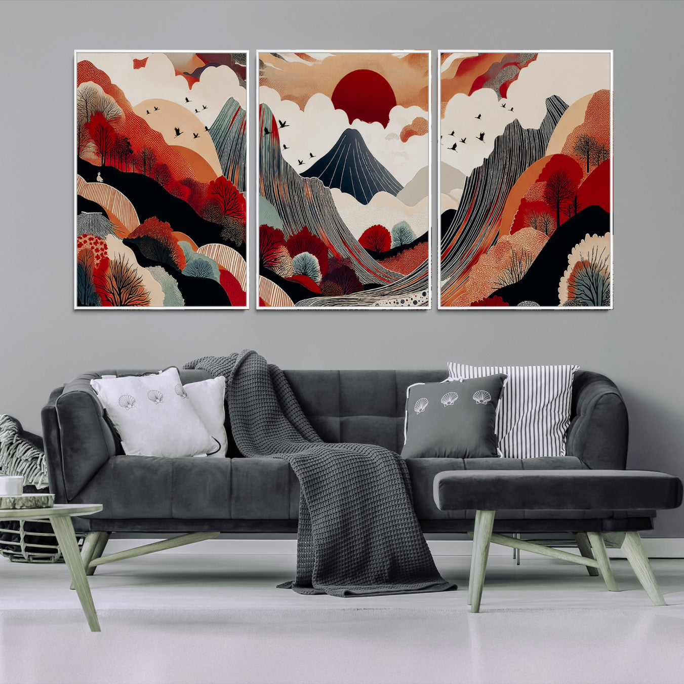 Abstract nature illustration with a red sun, mountains, and vibrant landscapes in graphic style, perfect for contemporary minimalist home decor. Ideal for modern spaces.