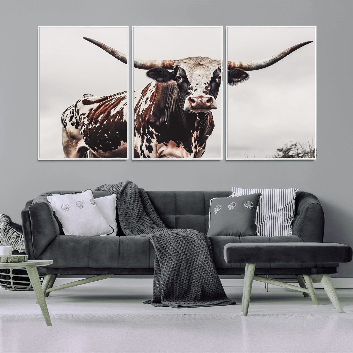 Close-up of a Texas Longhorn bull with powerful horns, perfect for rustic farmhouse or country-themed home decor. Ideal for animal lovers.