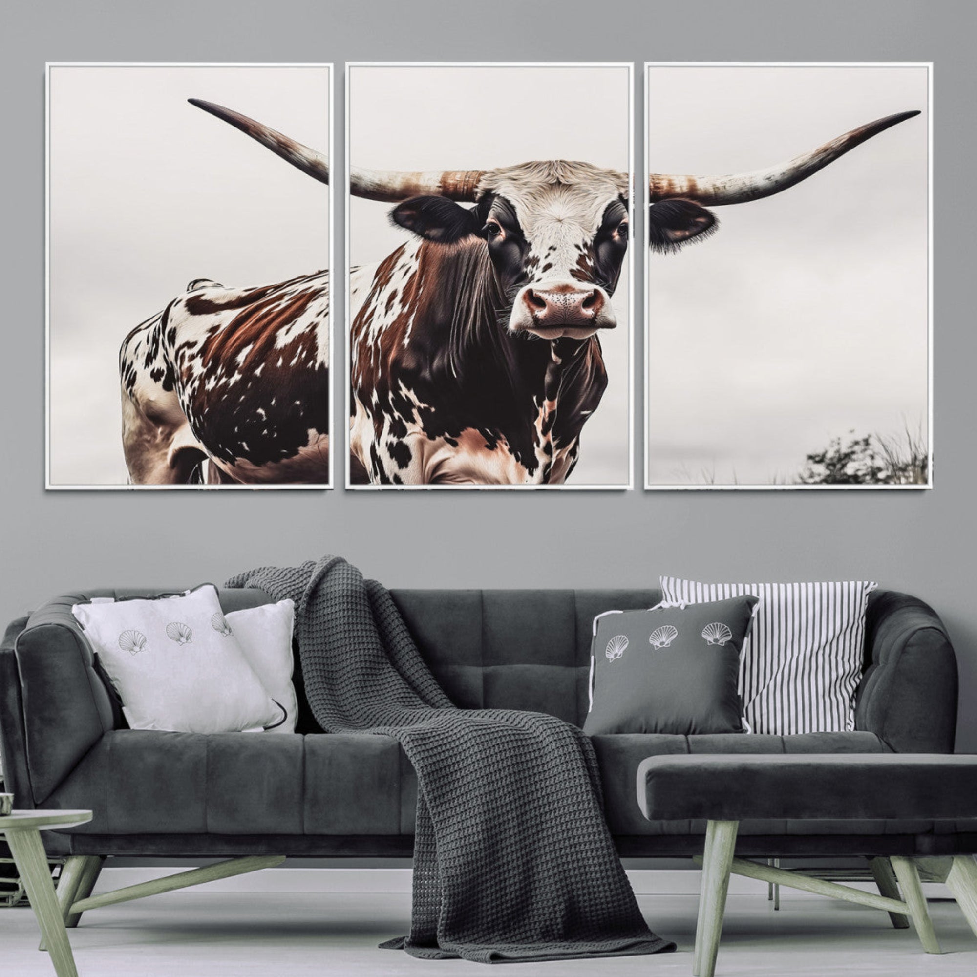 Close-up of a Texas Longhorn bull with powerful horns, perfect for rustic farmhouse or country-themed home decor. Ideal for animal lovers.