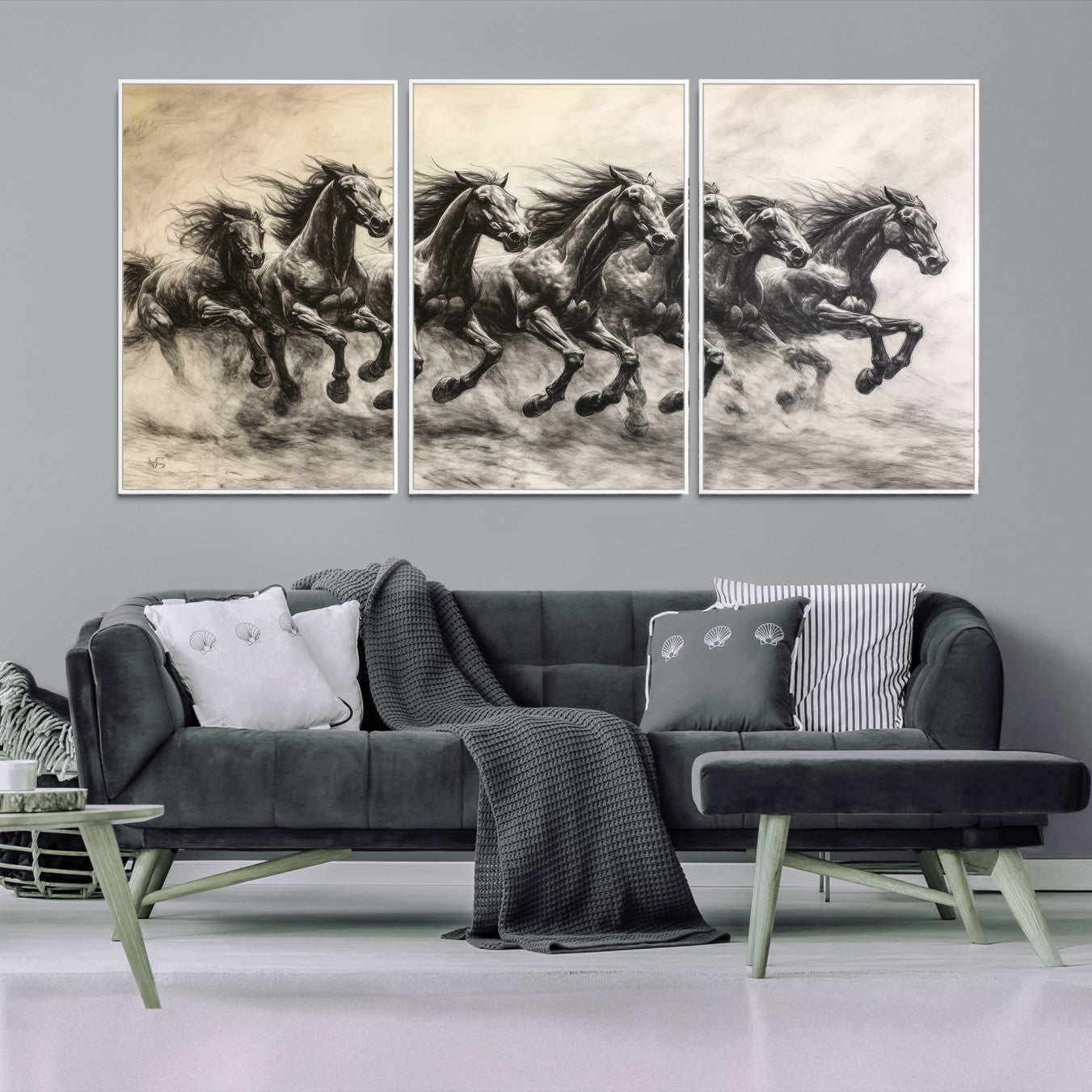 56089591-MGV-FC-60X30-3P-Galloping Horses Wall Art Canvas Print, Framed Wild Stallions Art Picture Print, Horse Herd Sketch
