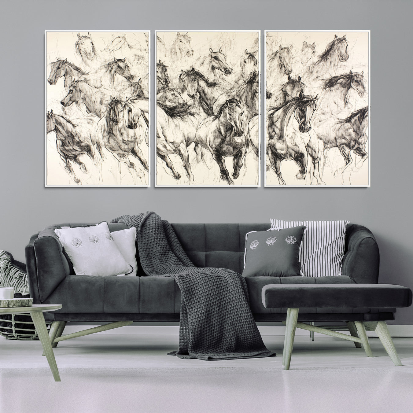 19433417-MGV-FC-60X30-3P-Running Horses Wall Art Canvas Print – Framed Galloping Herd Dynamic Equestrian Sketch Nature Artwork for Home Office