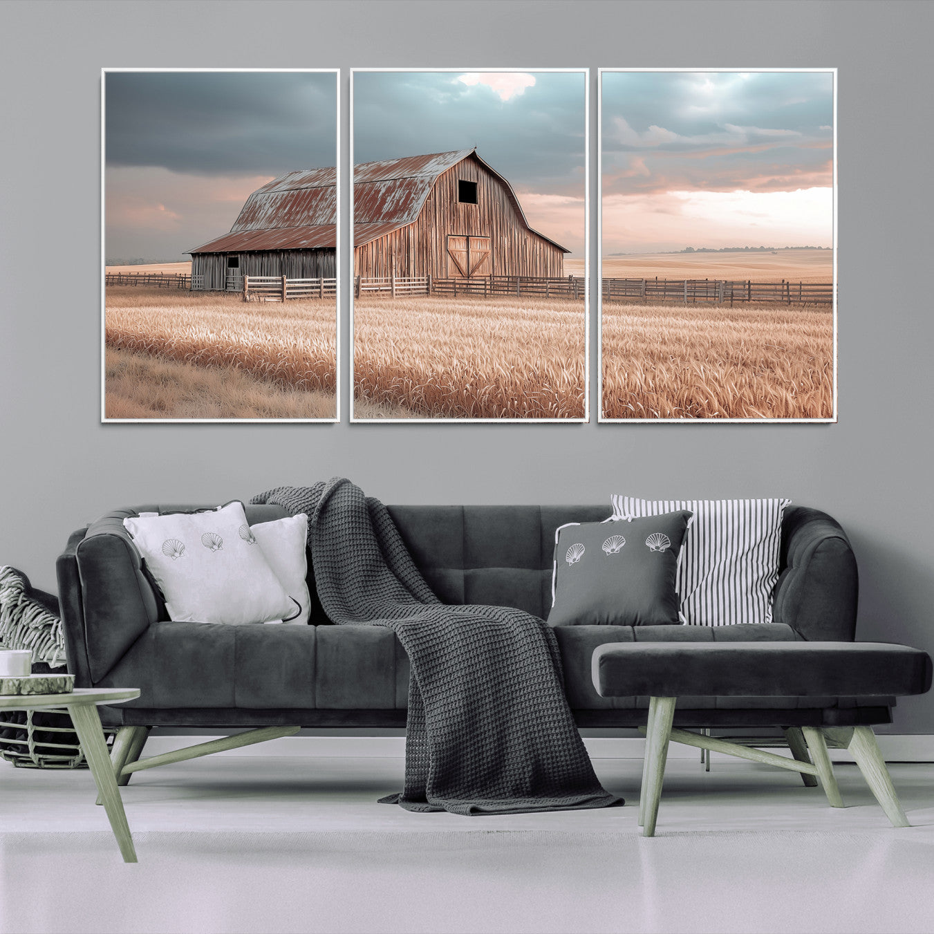 36878364-MGV-CV-48X32-3P-Rustic Barn Wall Art Canvas Print, Framed Wheat Field Art Picture Print, Sunset Barn Perfect Vintage Farmhouse Decor Artwork