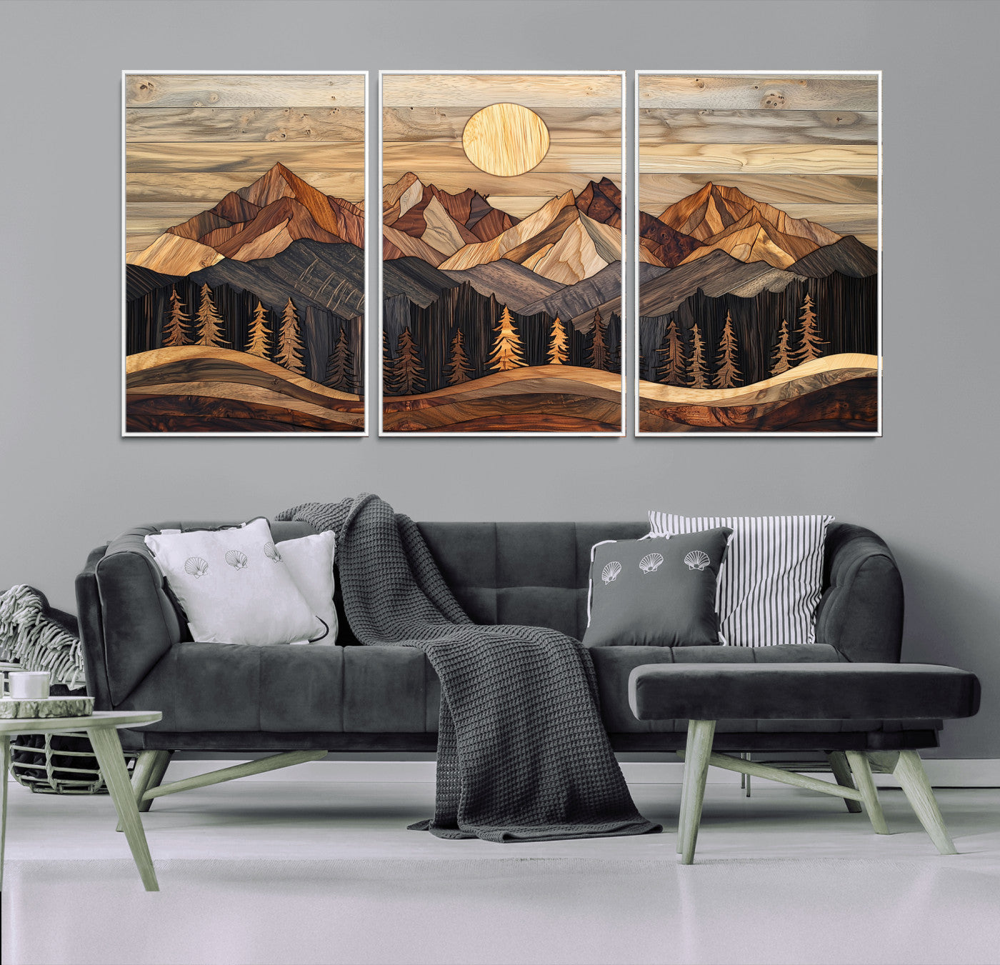 50100230-MGV-FC-60X30-3P_White-Wood Mountain Wall Art Canvas Print – Framed Boho Abstract Woodland Rustic Farmhouse Geometric Artwork for Home Office