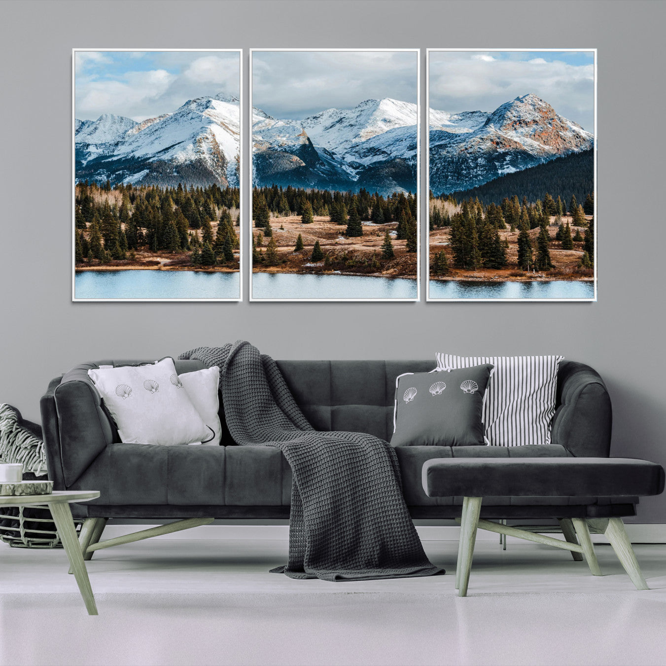 36247746-MGV-FC-60X30-3P-Snowy Peaks Wall Art Canvas Print, Framed Alpine Lake Art Picture Print, Pine Forest Perfect Alpine