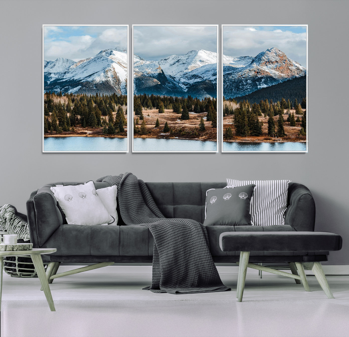 36247746-MGV-FC-60X30-3P-Snowy Peaks Wall Art Canvas Print, Framed Alpine Lake Art Picture Print, Pine Forest Perfect Alpine