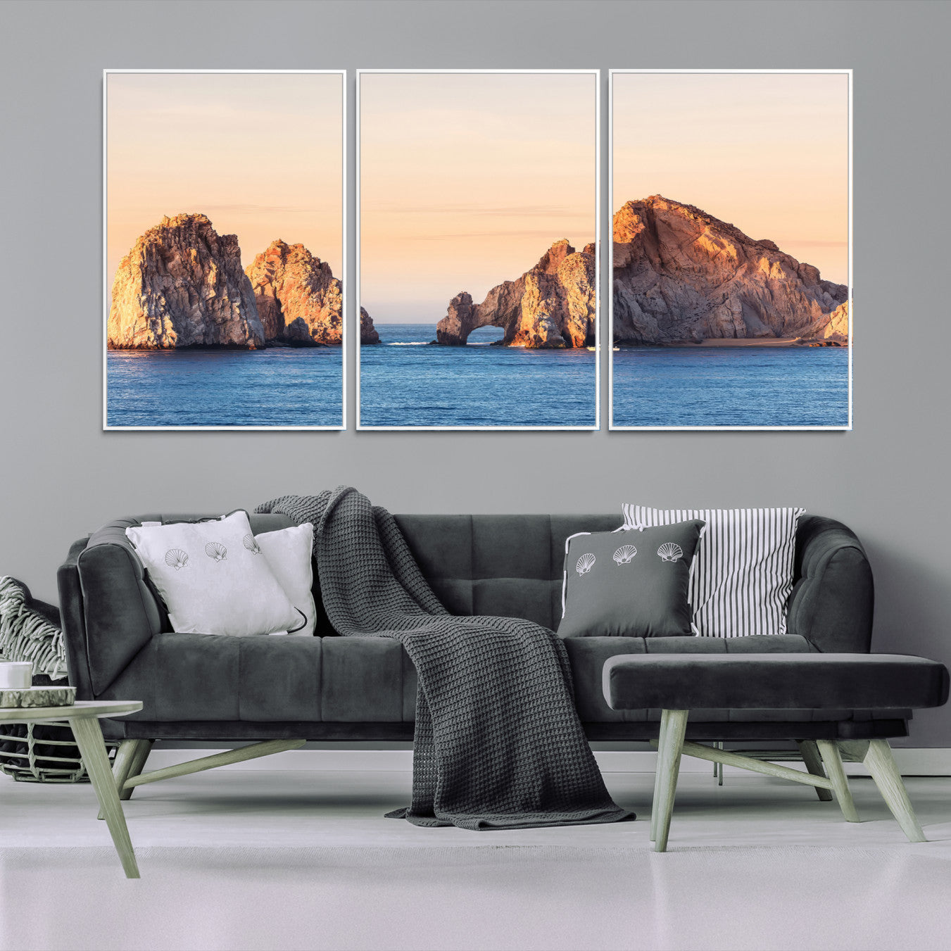 72996116-MGV-FC-60X30-3P-El Arco Wall Art Canvas Print, Framed Cabo Rocks Art Picture Print, Ocean Arch Perfect Golden