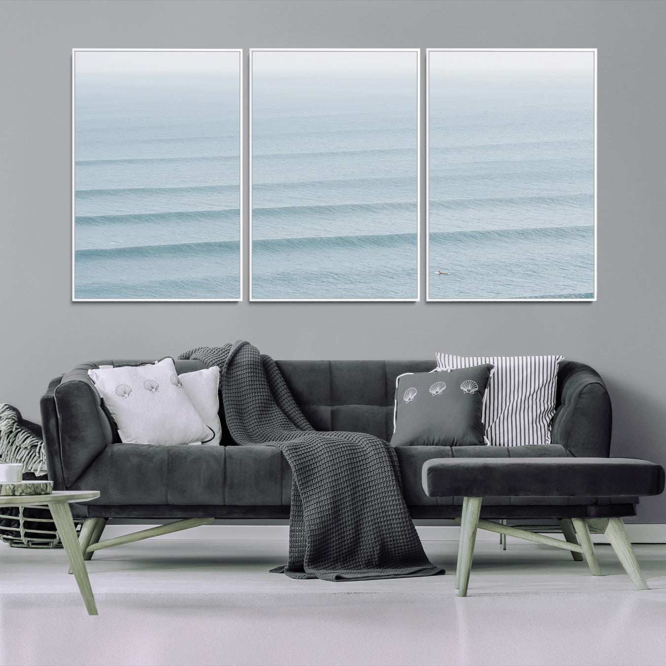 47814787-MGV-FC-60X30-3P-Ocean Waves Wall Art Canvas Print, Framed Solo Surfer Art Picture Print, Wave Lines Perfect