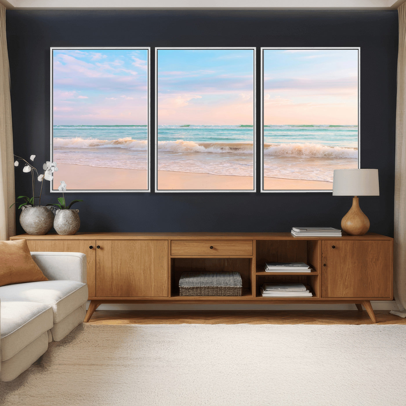 74679437-MGV-CV-36X24 - Serene Waves Wall Art – Golden Shore & Soft Pastel Sky Canvas Print, Gentle Ocean and Peaceful Sunset for Living Room or Office