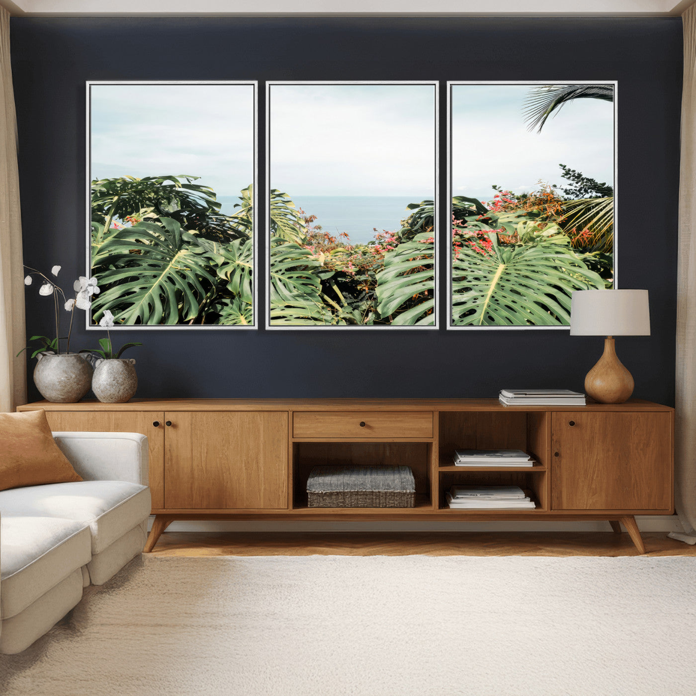 45700479-MGV-CV-36X24 - Tropical Greenery Wall Art – Exotic Leaves & Ocean View Canvas Print, Sunlit Paradise and Vibrant Nature for Living Room or Coastal Decor