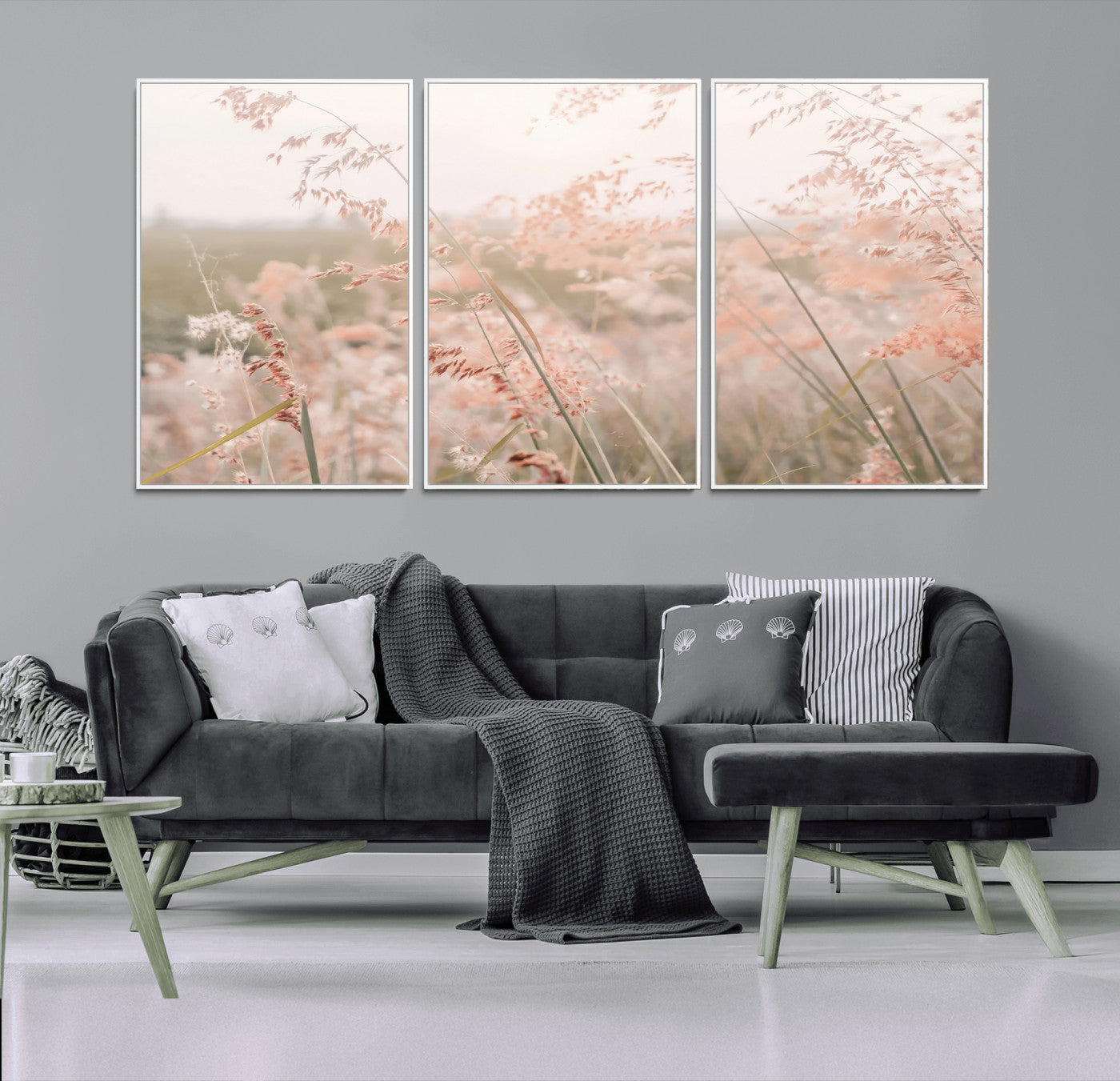 79164340-MGV-FC-60X30-3P_White-Pastel Grasses Wall Art Canvas Print, Framed Soft Meadow Art Picture Print, Field in Breeze Perfect Soft Pastel Minimal Decor Artwork