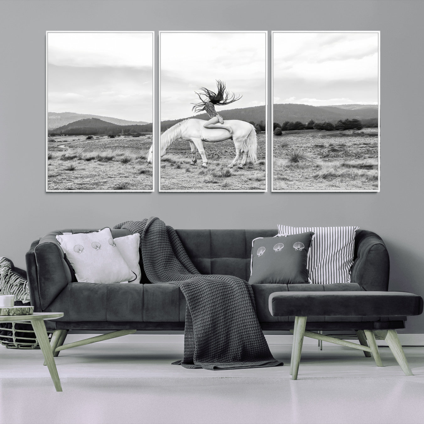 62789800-MGV-CV-36X24-White Horse Wall Art Canvas Print – Framed Woman Rider Equestrian Pose Western Boho Elegant Artwork for Home Office