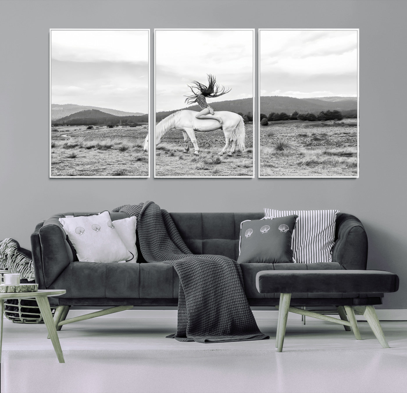 -White Horse Wall Art Canvas Print, Framed Woman Rider Art Picture Print, Equestrian Pose Perfect Western Boho Decor Artwork