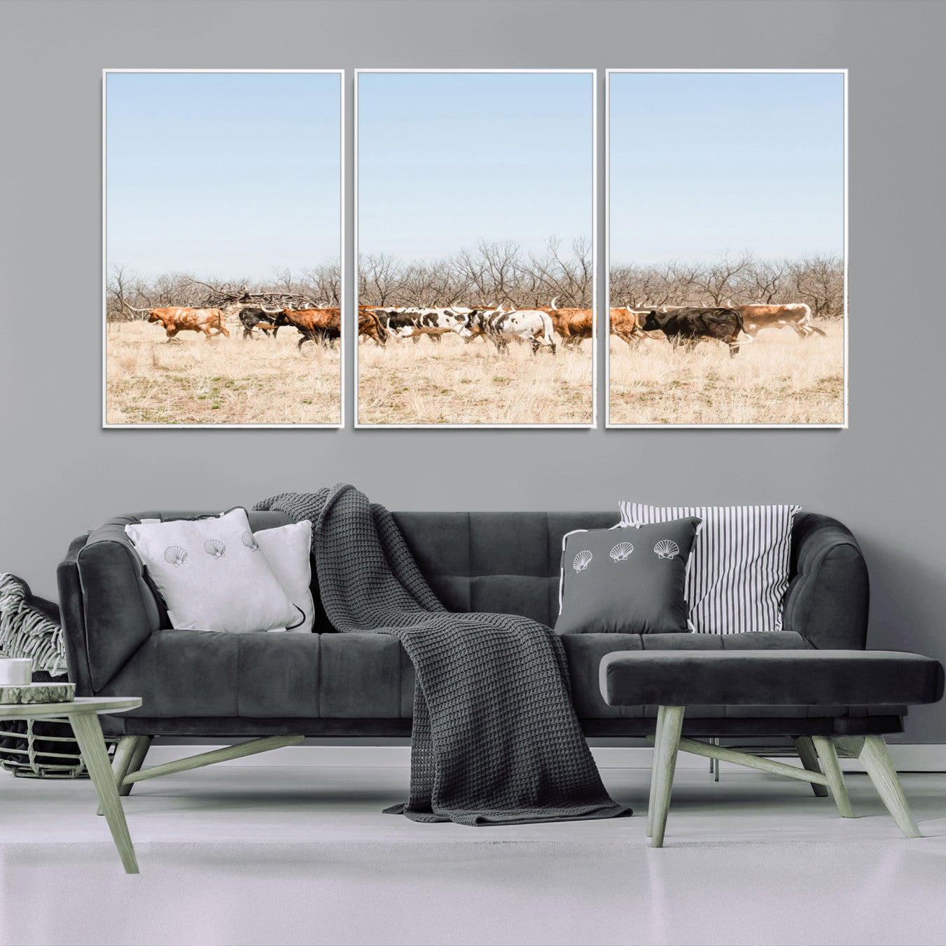 16563092-MGV-CV-36X24-Texas Longhorns Wall Art Canvas Print – Framed Western Cattle Rustic Herd Farmhouse Country Animal Artwork for Home Office