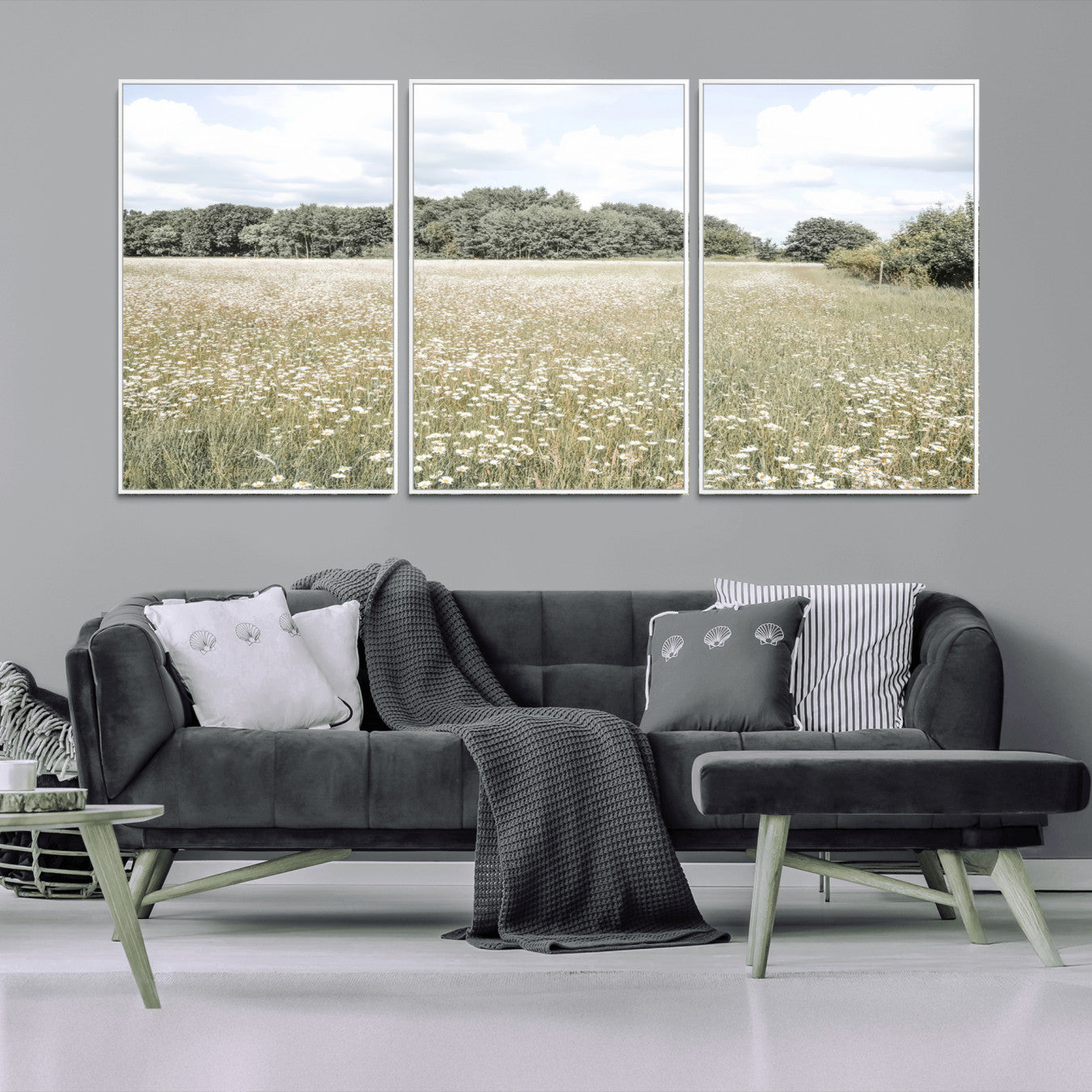 43258946-MGV-FC-60X30-3P_White-Charming Daisy Field Wall Art Canvas Print – Framed Pastel Flower Meadow Bloom Scandinavian Minimal Artwork for Home Office