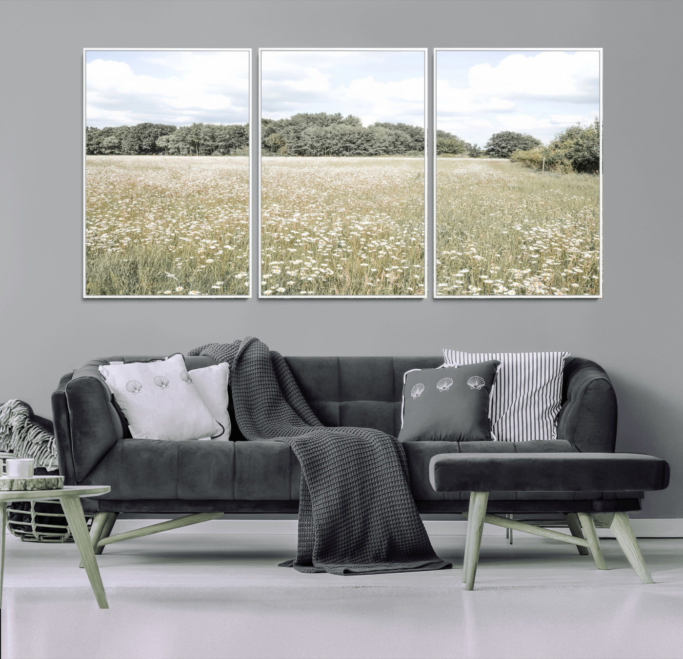 43258946-MGV-FC-60X30-3P_White-Charming Daisy Field Wall Art Canvas Print – Framed Pastel Flower Meadow Bloom Scandinavian Minimal Artwork for Home Office