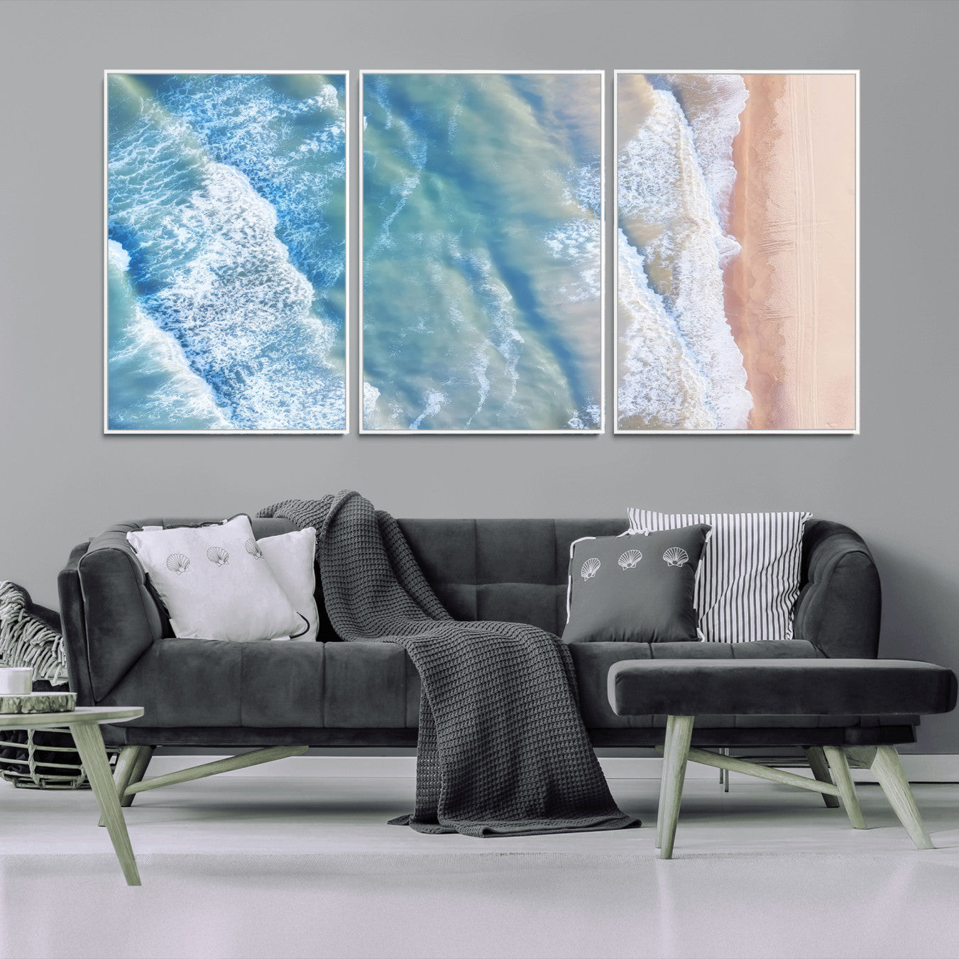 -Aerial Ocean View Wall Art Canvas Print, Framed Soft Blue Waves Art Picture Print, Sandy Shoreline Perfect Modern Coastal Decor Artwork