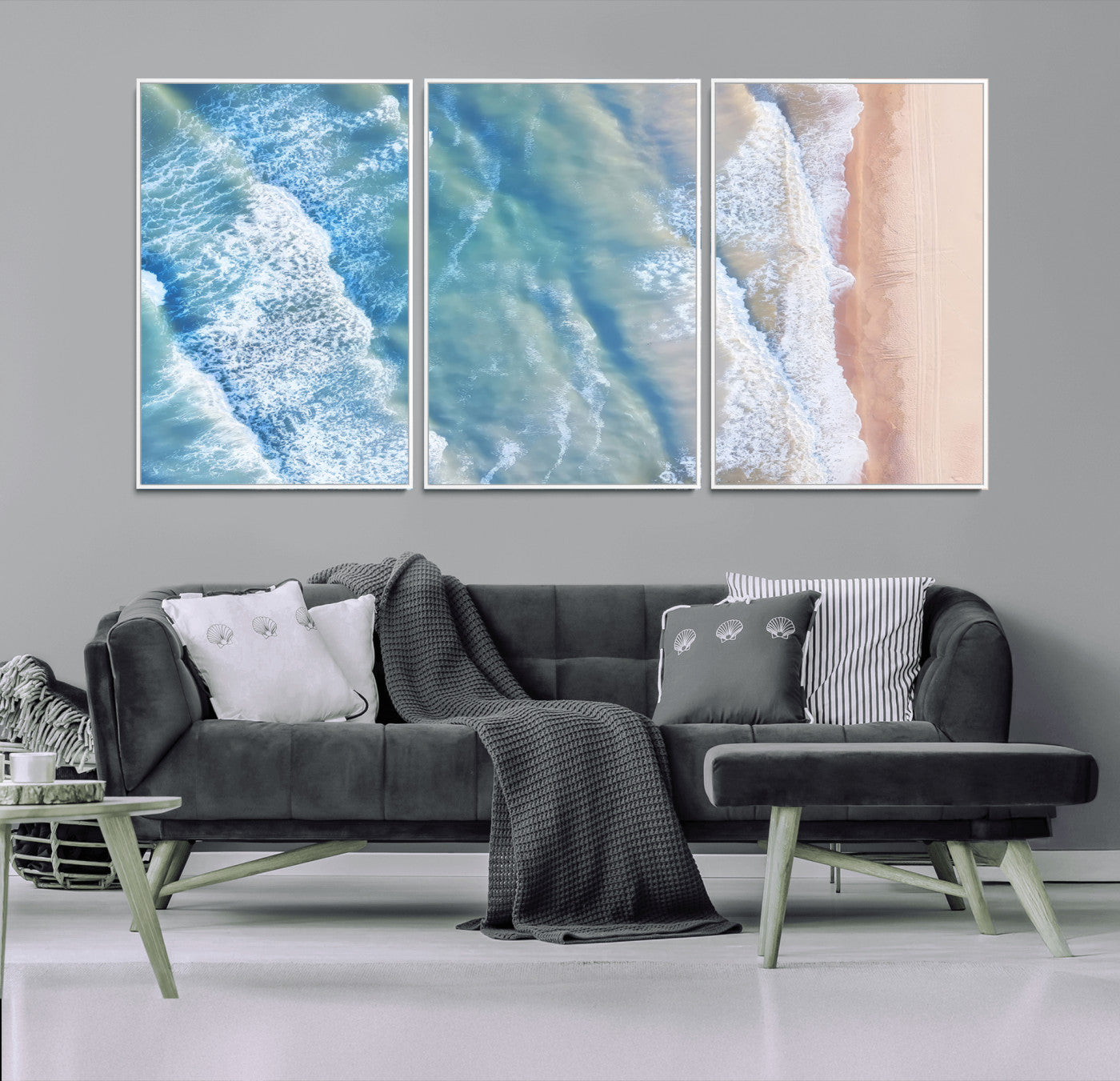 -Aerial Ocean View Wall Art Canvas Print, Framed Soft Blue Waves Art Picture Print, Sandy Shoreline Perfect Modern Coastal Decor Artwork