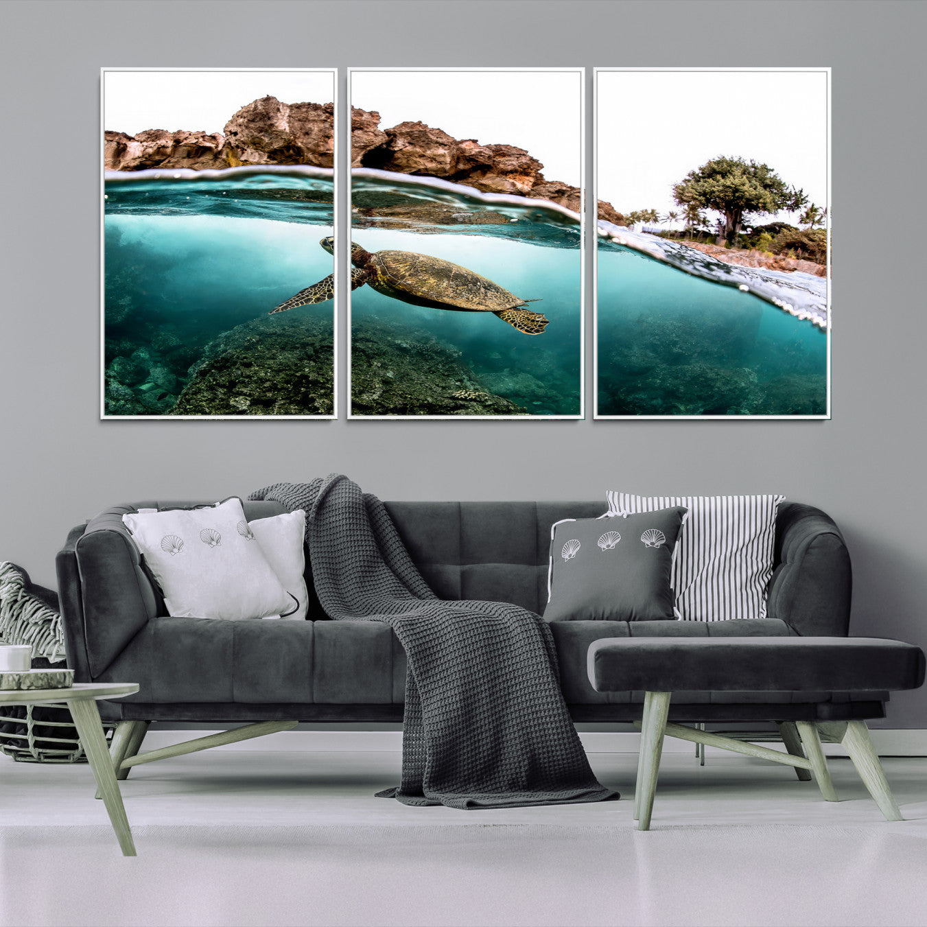 44200301-MGV-FC-60X30-3P-Sea Turtle Wall Art Canvas Print – Framed Ocean Life Tropical Coastal Marine Wildlife Artwork for Home Office