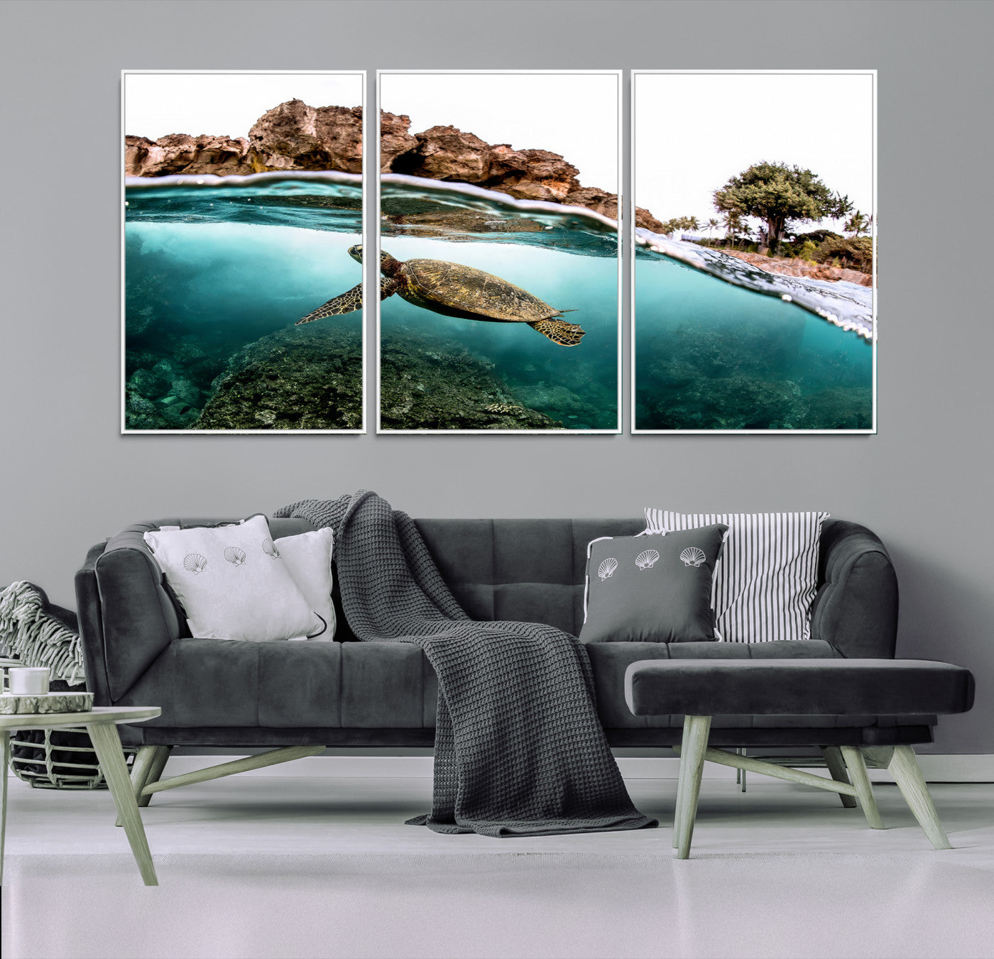 44200301-MGV-FC-60X30-3P-Sea Turtle Wall Art Canvas Print, Framed Ocean Life Art Picture Print, Tropical Perfect Coastal