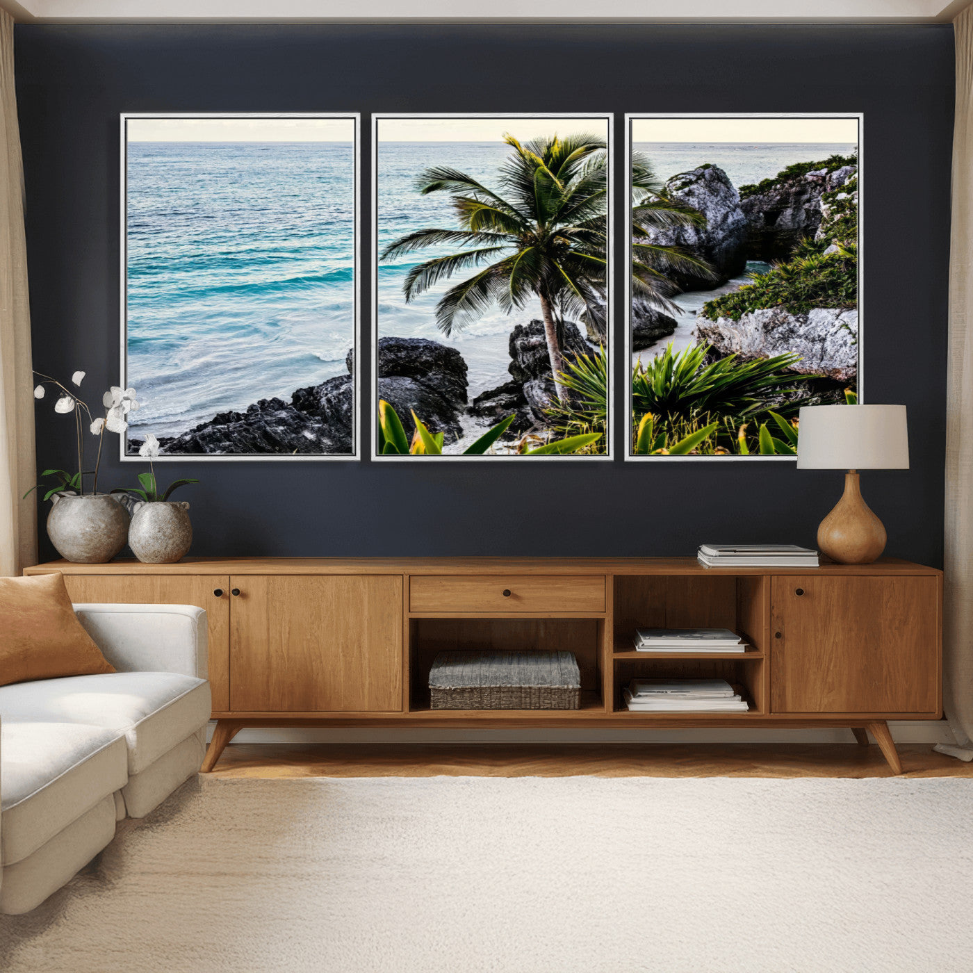 94669907-MGV-CV-36X24 - Tropical Palm Wall Art – Coastal Rocks Canvas Print, Ocean Breeze, Sandy Shore, Vibrant Green Foliage for Living Room or Beach House Decor