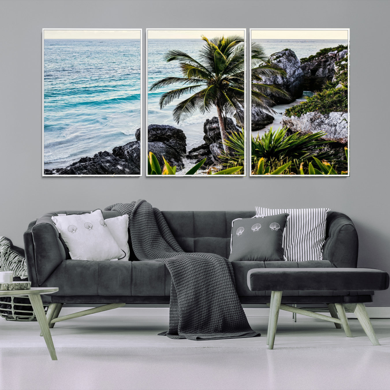94669907-MGV-FC-60X30-3P-Tropical Coastline Wall Art Canvas Print – Framed Palm Tree and Rocky Beach Scene Artwork for Home, Office Decor
