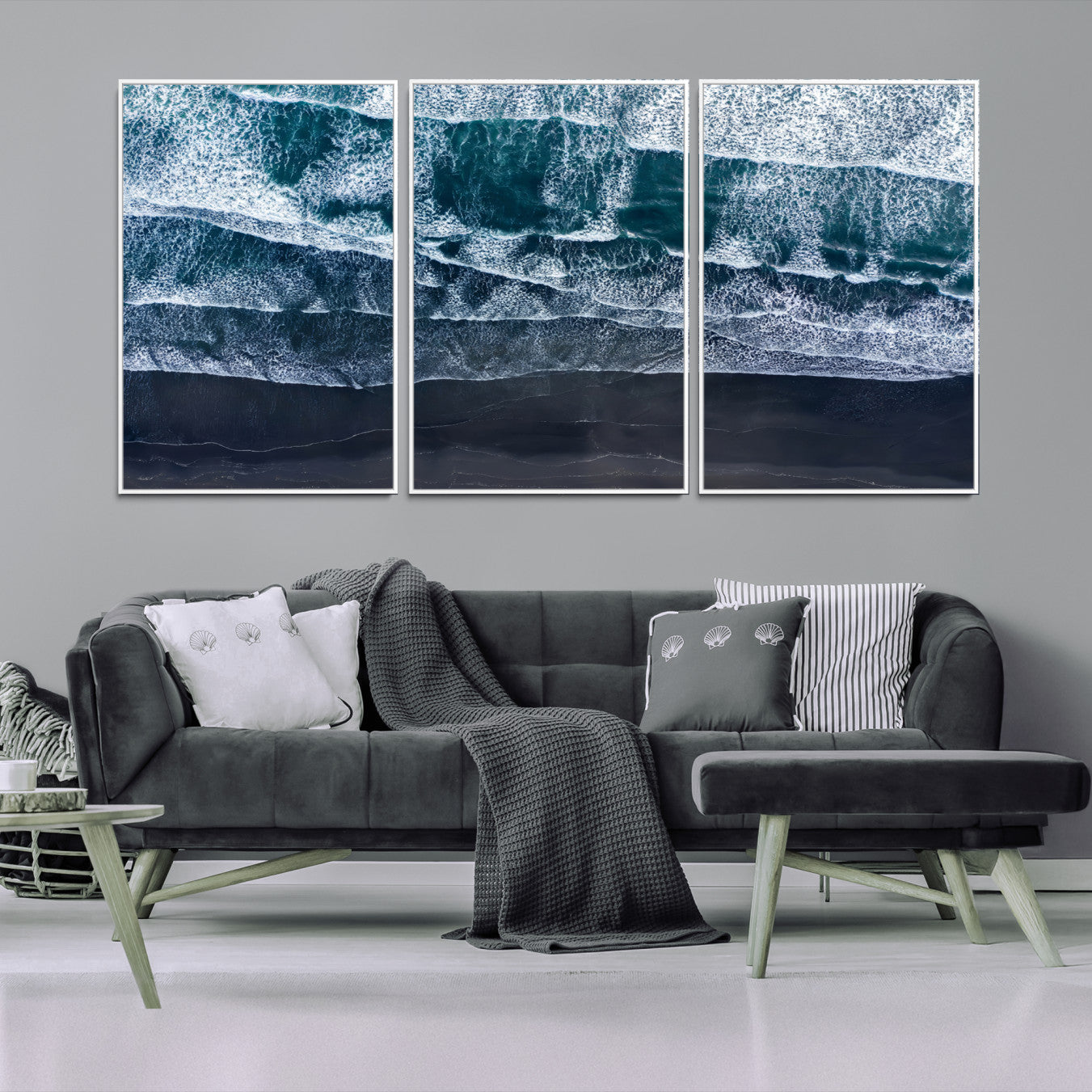 87941475-MGV-FC-60X30-3P-Black Beach Wall Art Canvas Print – Framed Aerial Ocean View Moody Coastal Seascape Nature Artwork for Home Office
