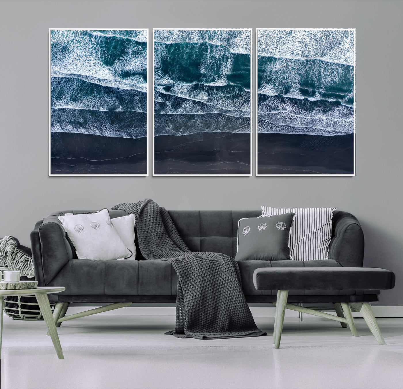 87941475-MGV-FC-60X30-3P-Black Beach Wall Art Canvas Print – Framed Aerial Ocean View Moody Coastal Seascape Nature Artwork for Home Office